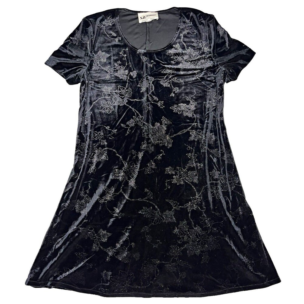Vintage Black Velvet Floral Embroidered A-Line Dress Womens Medium Sparkle Y2k